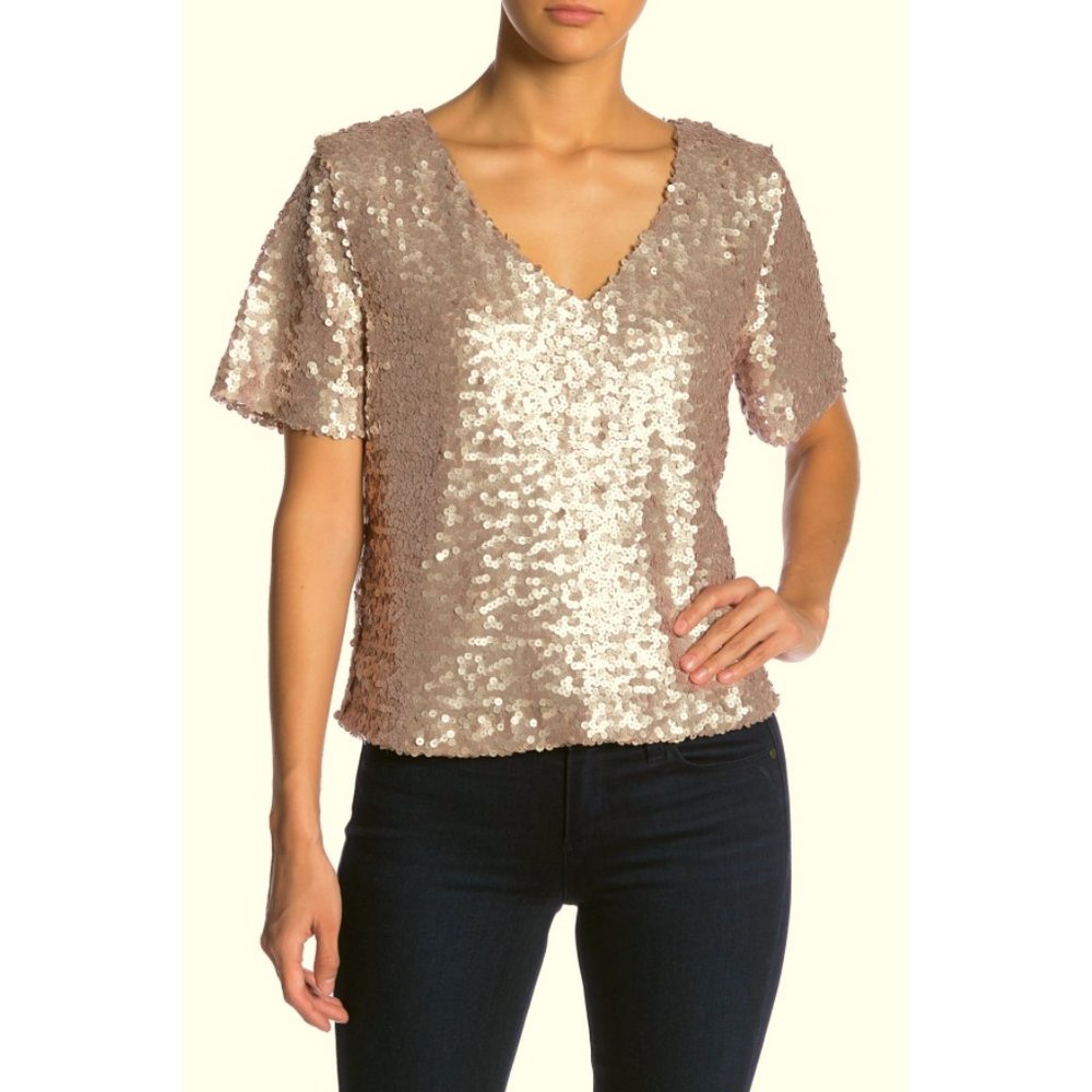 Nordstrom Socialite Sequin V-Neck Top Rose Gold Sparkly Shiny Shimmer NYE Blouse